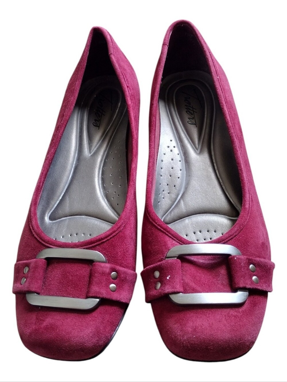 Trotters Wine Suede Ballet Flats with Silver Accent Buckle